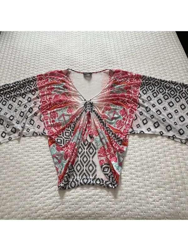 Bebe Boho Ikat Southwestern Kimono Mesh Festival Top V-Neck Ruched S Small - Image 2