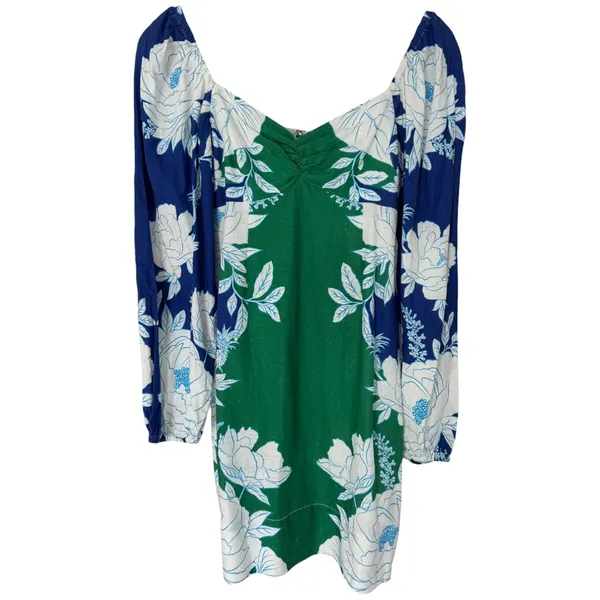 NWT Farm Rio Soft Garden Linen-Blend Floral‎ Mini Dress Blue Green White XXS - Image 2