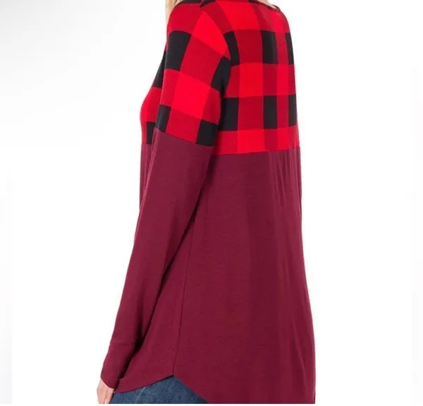 Zenana Women’s Red Black Buffalo Plaid Colorblock Long Sleeve Top Burgundy Tunic - Image 2