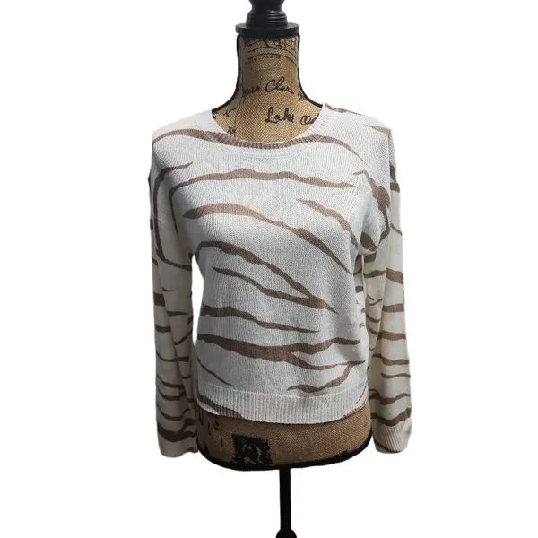LE LIS Womens Sweater Size S‎ White Brown Pullover Knit Tiger Print Chic - Image 2