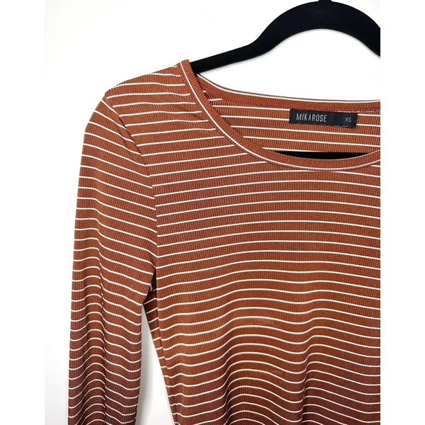 Mikarose Women's XS Rust Striped Ribbed Long Sleeve Top‎ Minimalist Earth Tones - Image 3