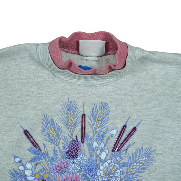 Vintage 90s Morning Sun Floral‎ Bouquet Sweatshirt Grey Double Collar Puff Print - Image 3