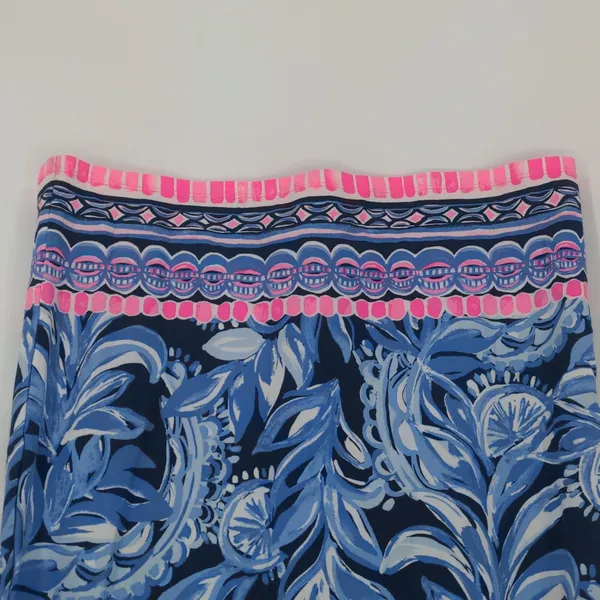 Lilly Pulitzer Blue Floral A-Line Dress XS Pink Border Ruffle Sleeve Rayon Spand - Image 8