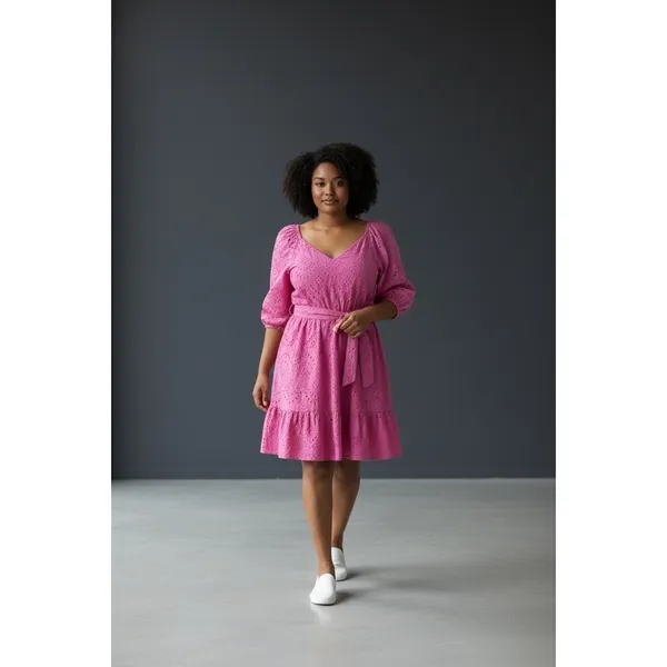ELOQUII Elements Pink Eyelet Lace Tiered Midi Dress ‎ Belted Size 16 - Image 2