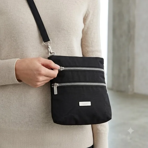 Baggallini Crossbody Bag Womens Small Black Triple Zip Nylon Travel Utility - Image 2