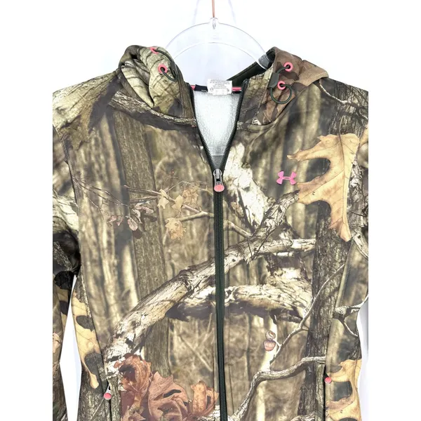 Under Armour Womens Camo Full Zip Hoodie‎ Pink Logo Fleece Sweatshirt Small - Image 2