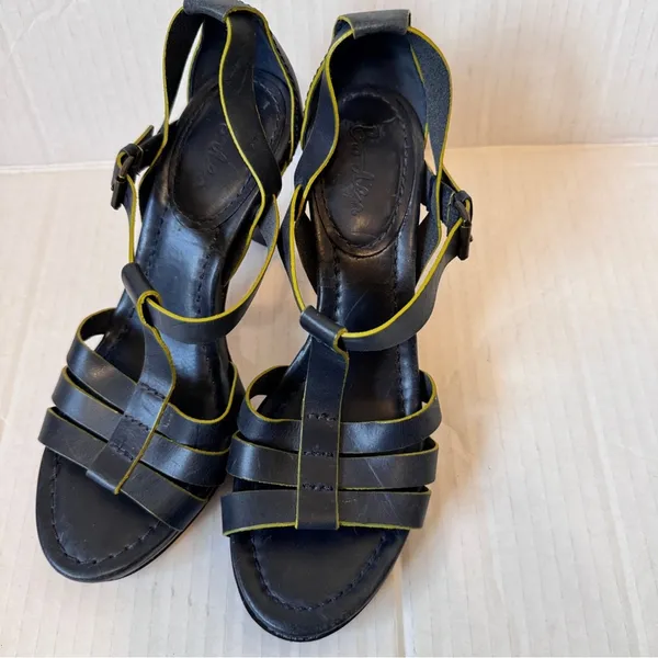 Boden Blue Leather Strappy Heels Women’s 7.5 Peep Toe Lime Green Trim Fall - Image 7