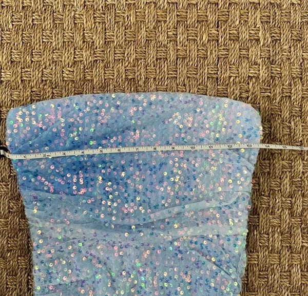 Windsor Light Blue Sequin Mesh Strapless Ruched Bodycon Mini Dress Size M - Image 9
