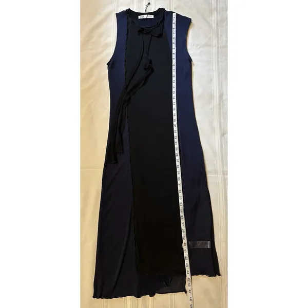 Zara Knit Asymmetrical Combination Color Block Midi Dress Black/Navy Blue Sz S - Image 10