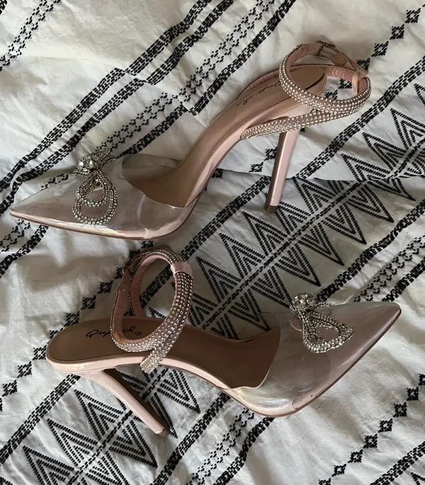 Qupid Blush and Clear Embellished Heels - Image 3