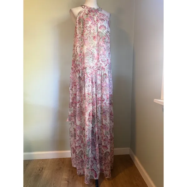 MISA Floral Halter Maxi Dress Pink Green XS/S Boho Chiffon flowy romantic whimsi - Image 4