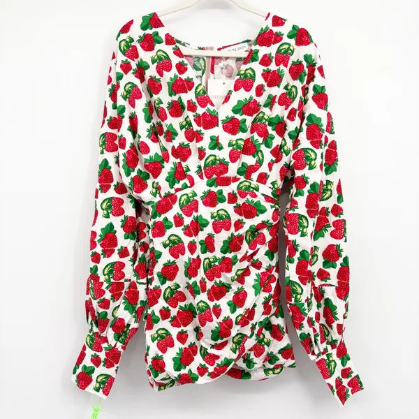 NWT Madeleine Simon Womens Strawberry Print Ruched Cottagecore Mini Dress XS - Image 2