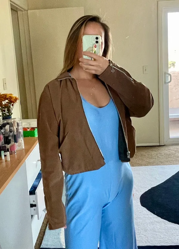 Caramel brown custom made microsuede feel women’s bomber jacket size M medium - Image 5