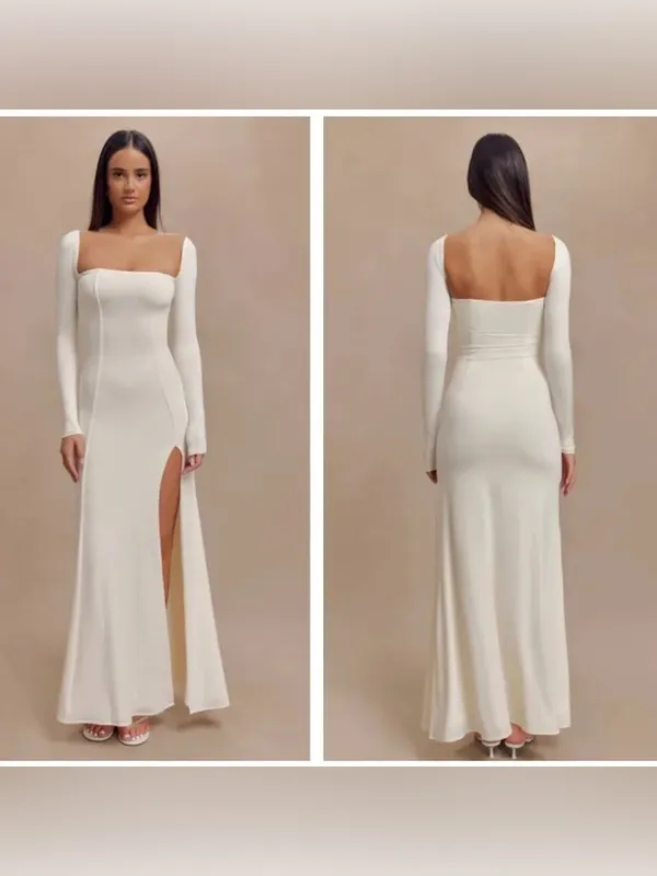 NWT Meshki Desirie Slinky Long Sleeve Maxi Slit Ivory Dress L - Image 2