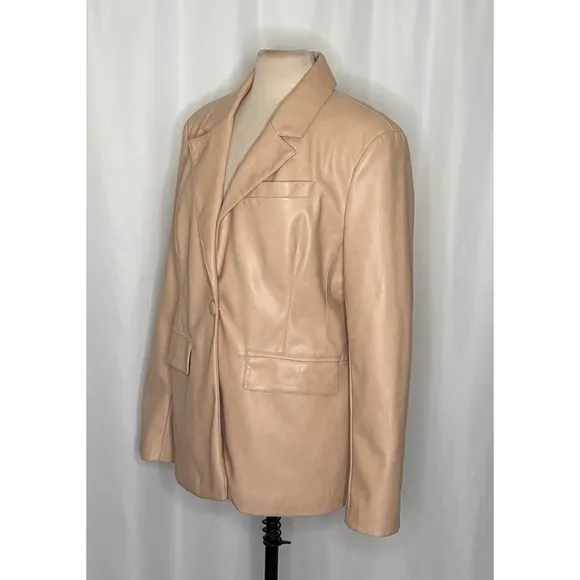 AVEC LES FILLES Tan Vegan Faux Leather Jacket Blazer Single Button Solid X-Large - Image 5