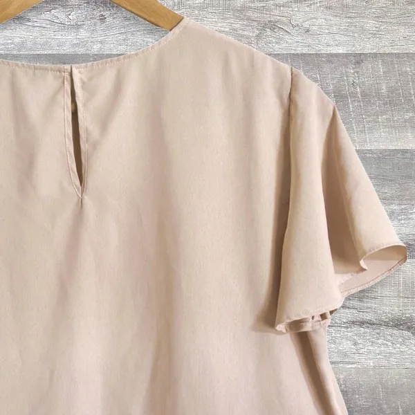ZARA Short Flutter Sleeve Blouse Womens M Pleated Ruffle Hem Beige Chiffon Flowy - Image 3