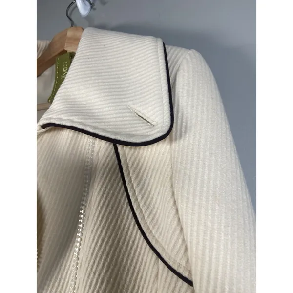 Wool Blend Cream Coat Asymmetrical Zip Front Black Trim Elegant Luxury Sz‎ Large - Image 9