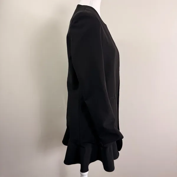 Lulus Womens Black Peplum Ruffle Hem Open Front Collarless Longline Blazer Small - Image 2
