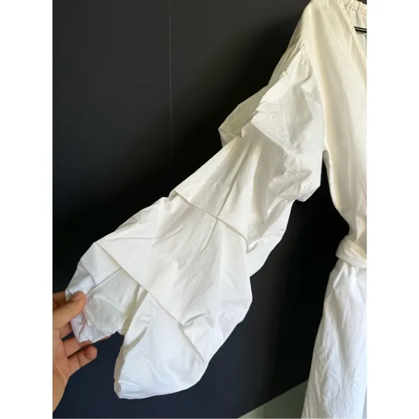Club Monaco Rowlen Cotton Poplin Wrap Dress w/ Ruffled Sleeves, Sz 2, White - Image 4