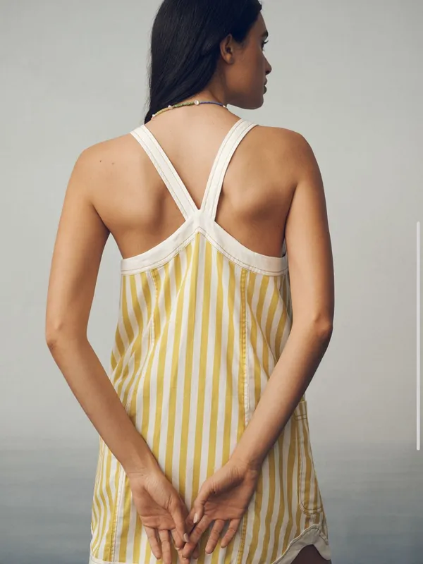 ANTHROPOLOGIE MAEVE Sleeveless Denim Shift Mini Dress Yellow Stripe Medium - Image 3