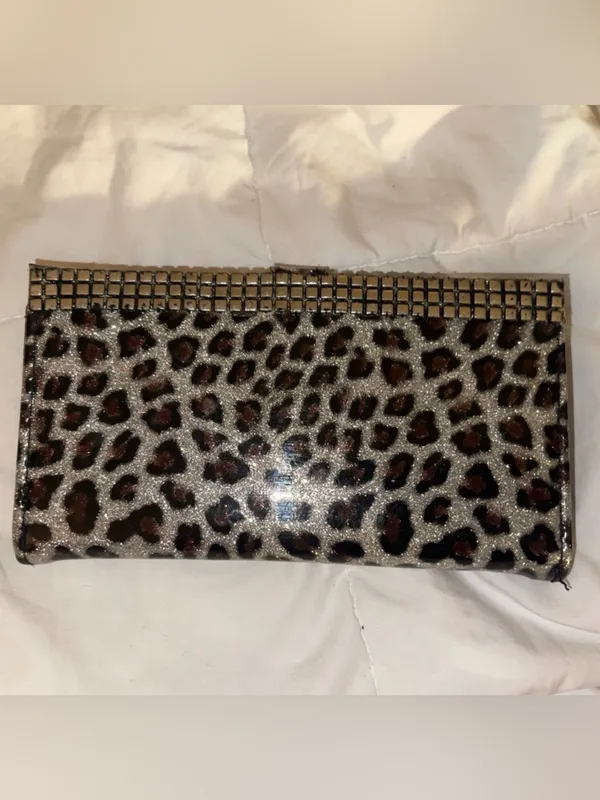 Leopard Print Metallic Clutch Wallet - Silver and Brown - Image 2