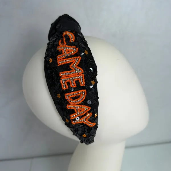 Headband Knotted Sequin Gameday Beaded Orange Black Sports Fan Gear Spirit Week - Image 2
