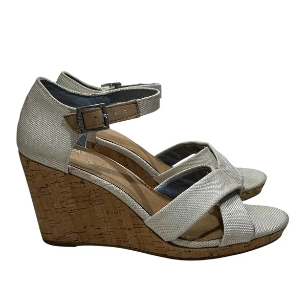 TOMS‎ Womens Cork Wedge Sandals Cream Canvas Ankle Strap Size 8 - Image 4