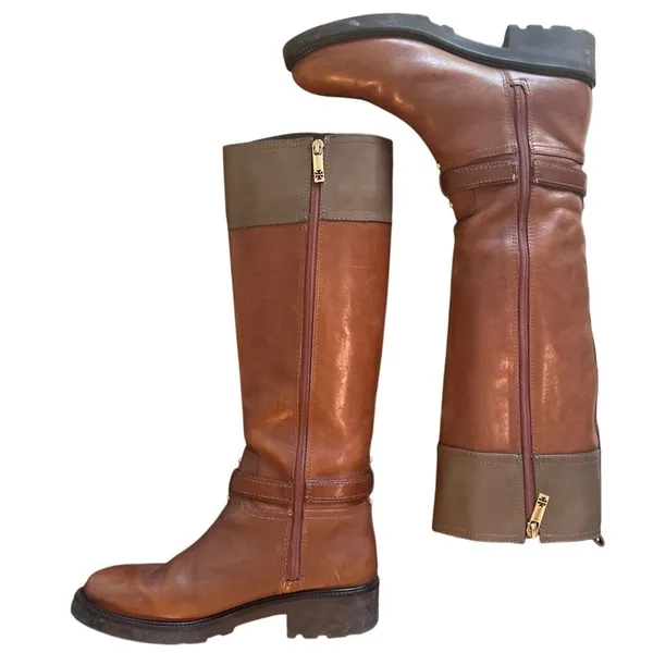 Tory Burch Daniela Cognac Leather Riding Boots Lug Sole Logo 10.5 - Image 5