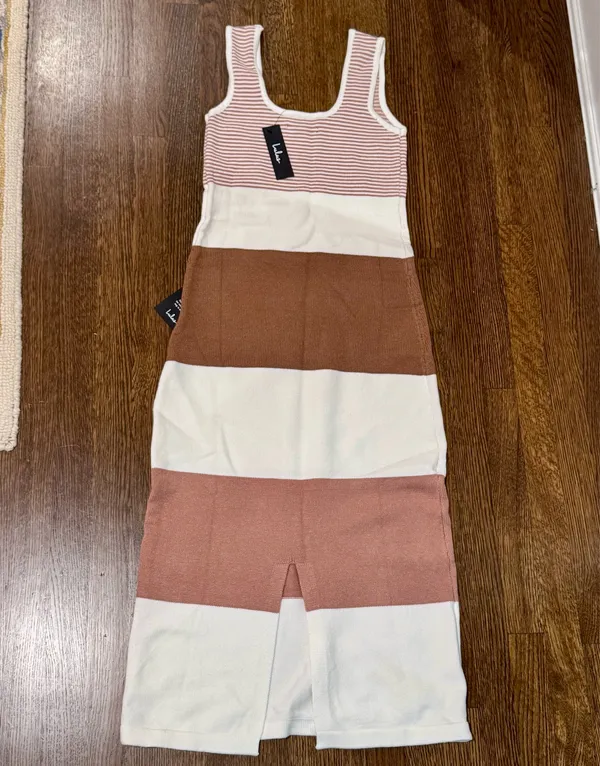 Lulus Easily Gorgeous Ivory and Brown Striped Midi Sweater Dress - Image 2