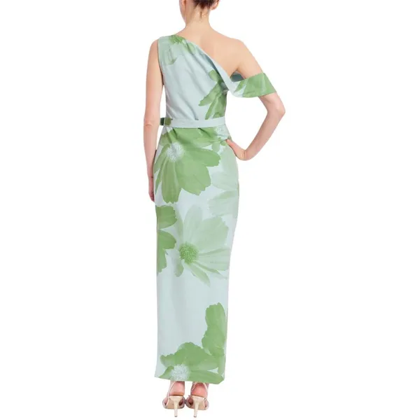 Jewel by Badgley Mischka Asymmetric Belted Floral Print Gown Dress Green Multi 6 - Image 8