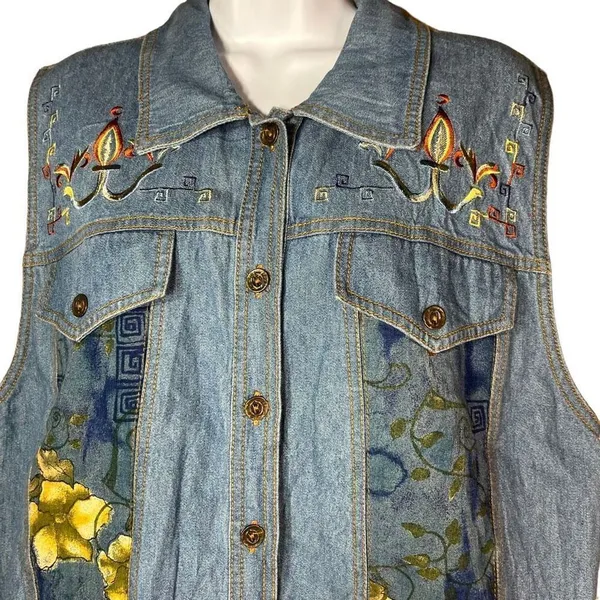 Vintage Saint Germain Paris Flower Print Denim Vest Size Large‎ - Image 2
