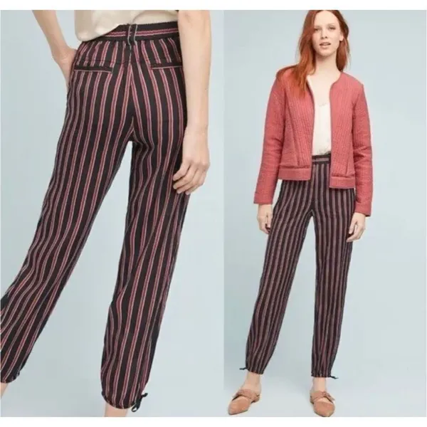 ANTHROPOLOGIE Striped Silky Tie Joggers in Black/Red‎ sz small - Image 2
