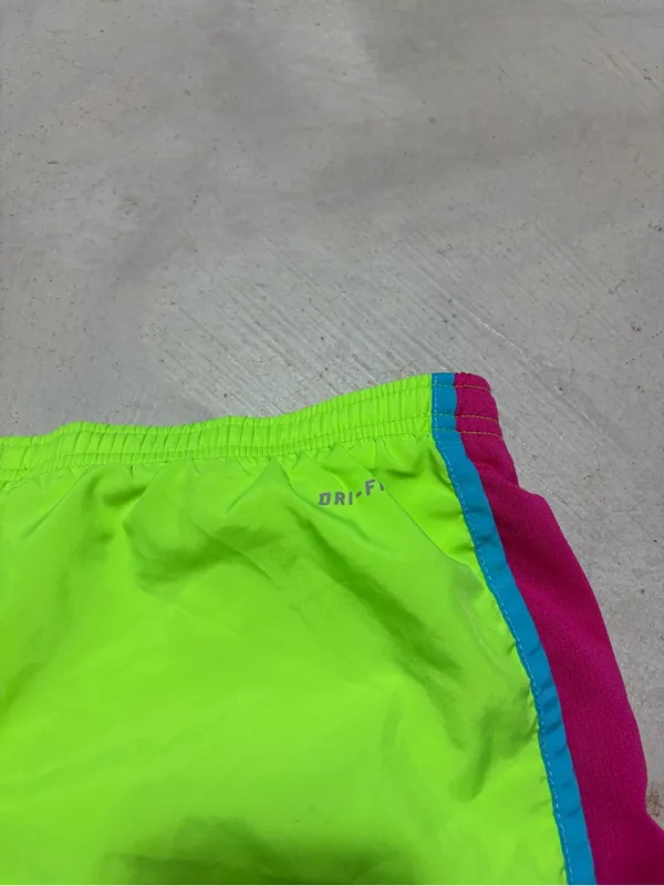 Nike Women's Neon Yellow-Green Running Shorts with Pink & Teal Trim large - Image 8