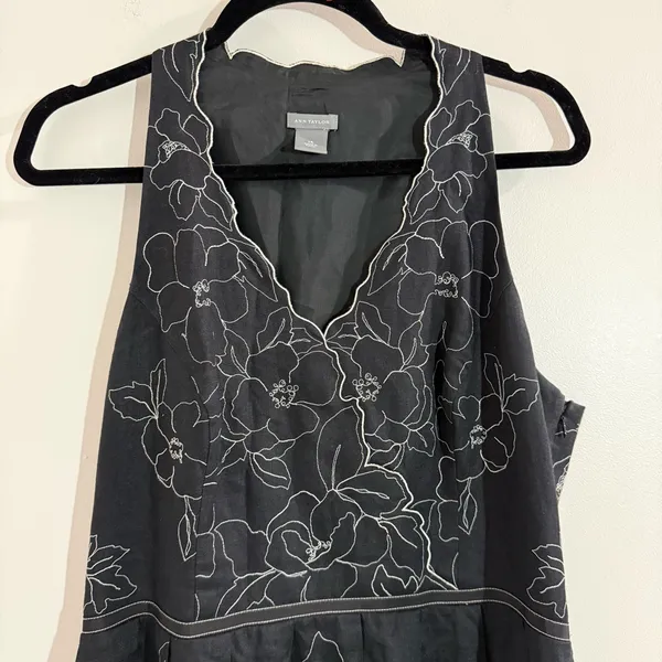 Ann Taylor Linen Black Floral Midi Dress Size 14 - Image 2