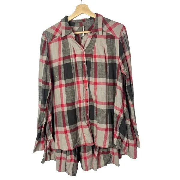 Free People Peppy in Plaid Red & Brown Plaid‎ Long Sleeve M - Image 3