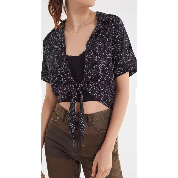 Urban Outfitters Tie-Front Short Sleeve Cropped‎ Top black white Med - Image 2