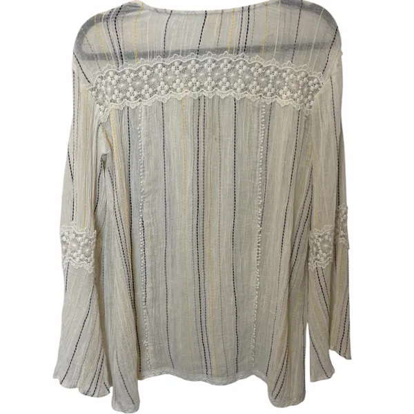 Surf Gypsy Boho Gauze Stripe Bell Sleeve Blouse Crochet Tassel V-Neck Top Small - Image 4
