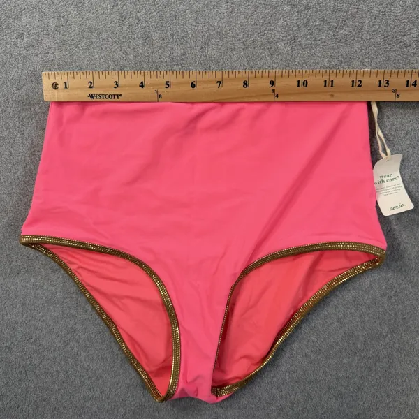 Aerie High Waisted Full Coverage Bikini Bottom Swim Size Small Pink Gold Trim - Image 3