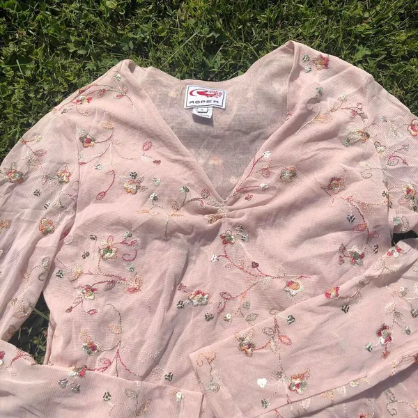 Beaded Sheer Pink Floral Long Sleeve Size XL - Image 3