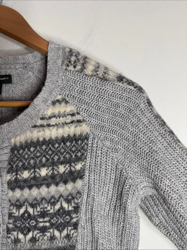 Vintage Eddie Bauer Ribbed Gray Fair Isle Nordic Buttoned Sweater Cardigan sz Mp - Image 3