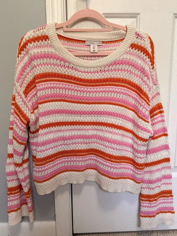 Sincerely Jules Striped Open Knit‎ Sweater Pink Orange Cream Size Small - Image 2