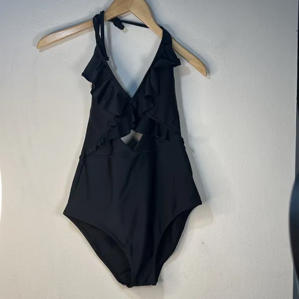 Aerie One Piece Swimsuit Size Small Ruffle Color Black Full Coverage Swimwear - Image 3