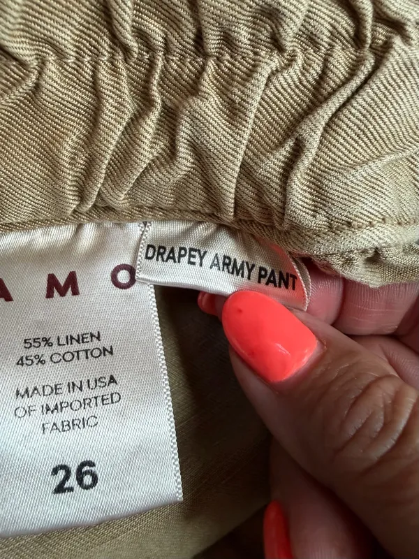 AMO Drapey Army Pant Linen Cotton Khaki Paperbag Waist Utility Pants Sz 26 - Image 10