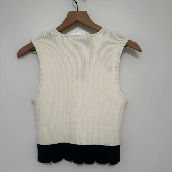 Hudson Gray | Women's Tan Cream Black Ribbed Scalloped Hem Knit Tank Top, M - Image 2