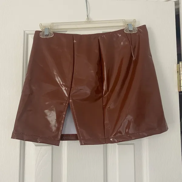 Tiger Mist Patent Leather Brown Mini Skirt - Image 2