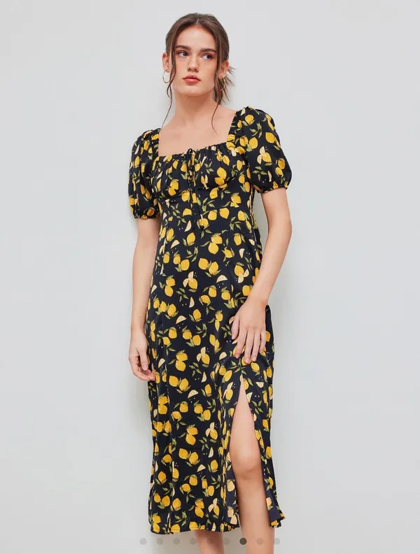 Cider LEMON SPLIT KNOTTED SHIRRED MIDI DRESS - Image 2