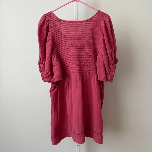 Free People M Rose Pink Dress Pintuck Smocked Puff Sleeve Boho‎ Slouchy - Image 8