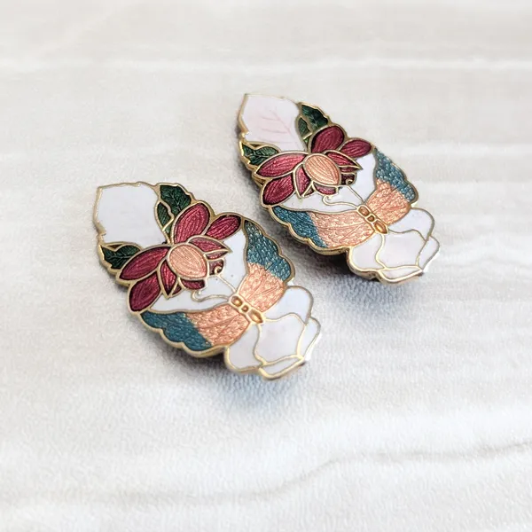 Vintage Clip On Earrings Cloisonné Flower Floral Statement - Image 5