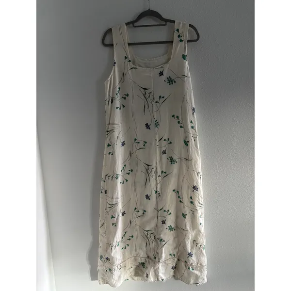 Vintage Linen Midi Dress Womens Large Cream Floral Garden Prairie Cottagecore - Image 2