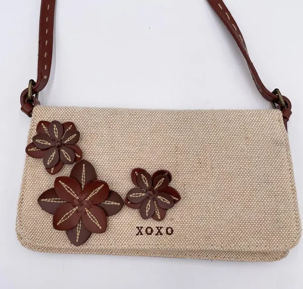 Vintage XOXO Y2K Mini Bag Purse Cotton Jute Fabric Flower Applique Retro 2000s - Image 2